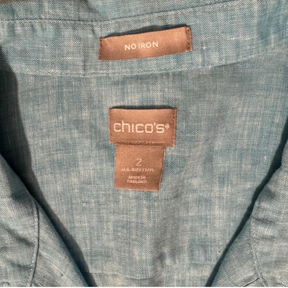 Chico's Womens‎ 2 12/14 Shirt 100% Linen Button Down Roll Tab Sleeves Aqua Blue - Picture 3 of 5